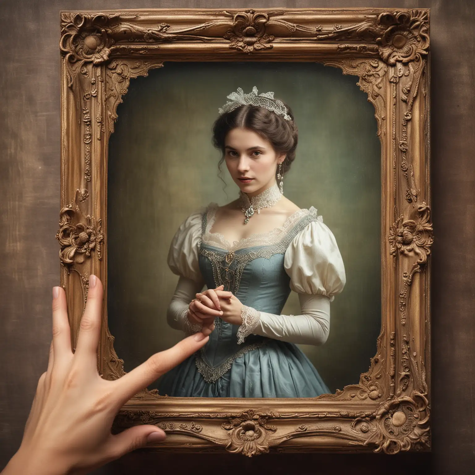The beautiful and magical photo shows hands delicately holding an old color photograph of a beautiful woman in Victorian era clothing.  The background of the photo is neutral to focus attention on the photo itself, which is like a portal taking us to the magical past.  The scene has a magical atmosphere, with subtle elements that add depth and mystery, making the moment come alive and the magic of the past felt.  There are no additional people in the frame, which allows you to fully concentrate on photography and capturing the moment.