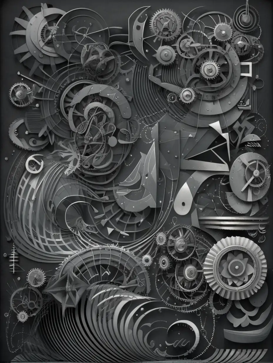 geometric, mechanical, shapes, waves, noises, all in a dark gray background