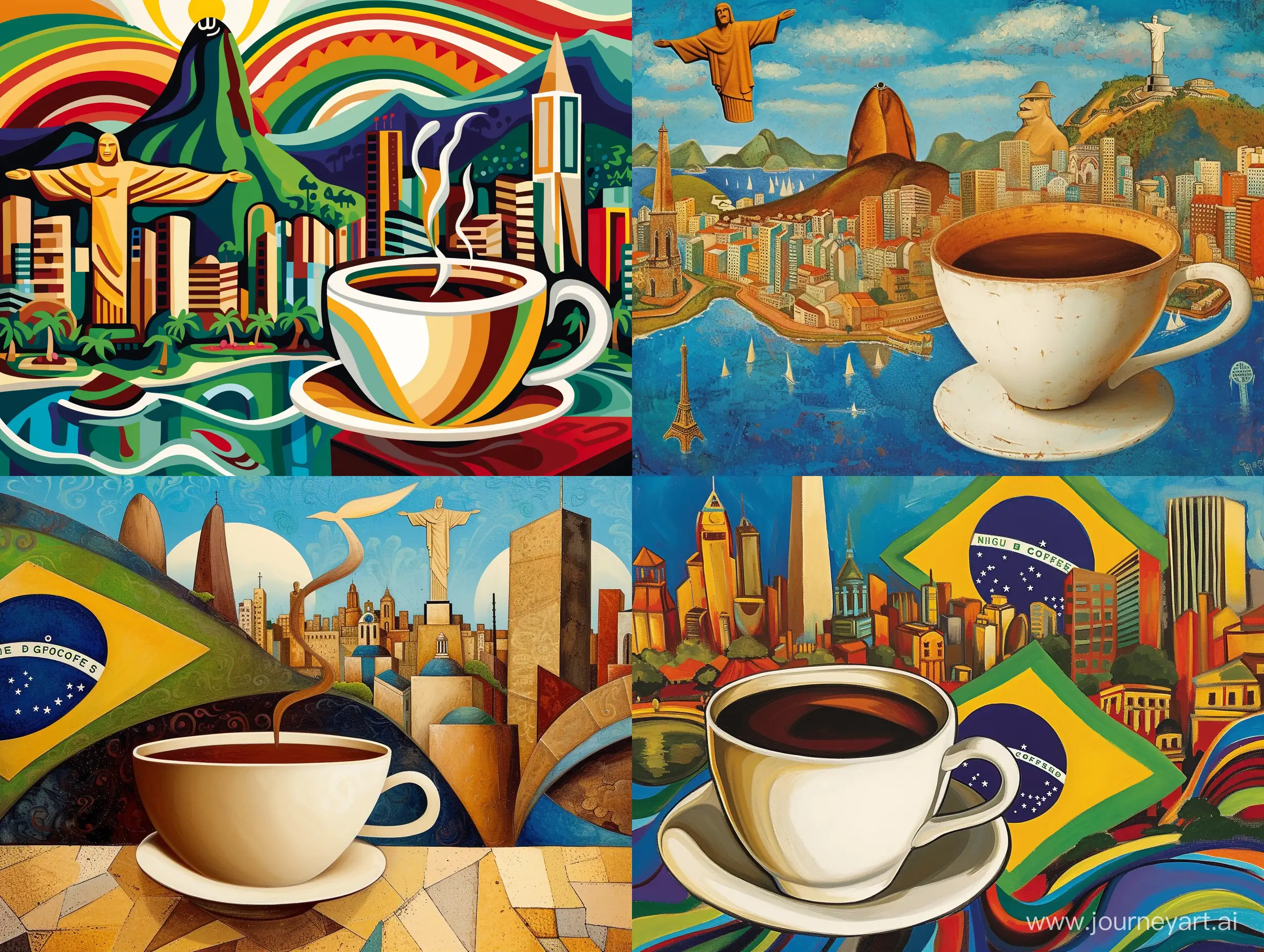 на переднем плане летающая бразильская чашка кофе на фоне бразильских достопримечательностей в стиле Пикассо