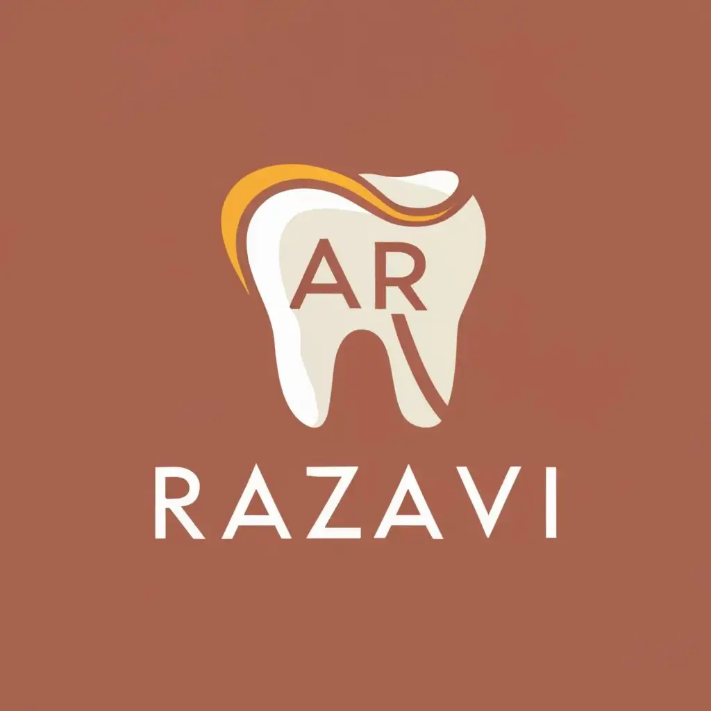 logo, A combination of letters A and letter R in shape of a tooth, golden outline , with the text "Razavi", typography, be used in Medical Dental industry
