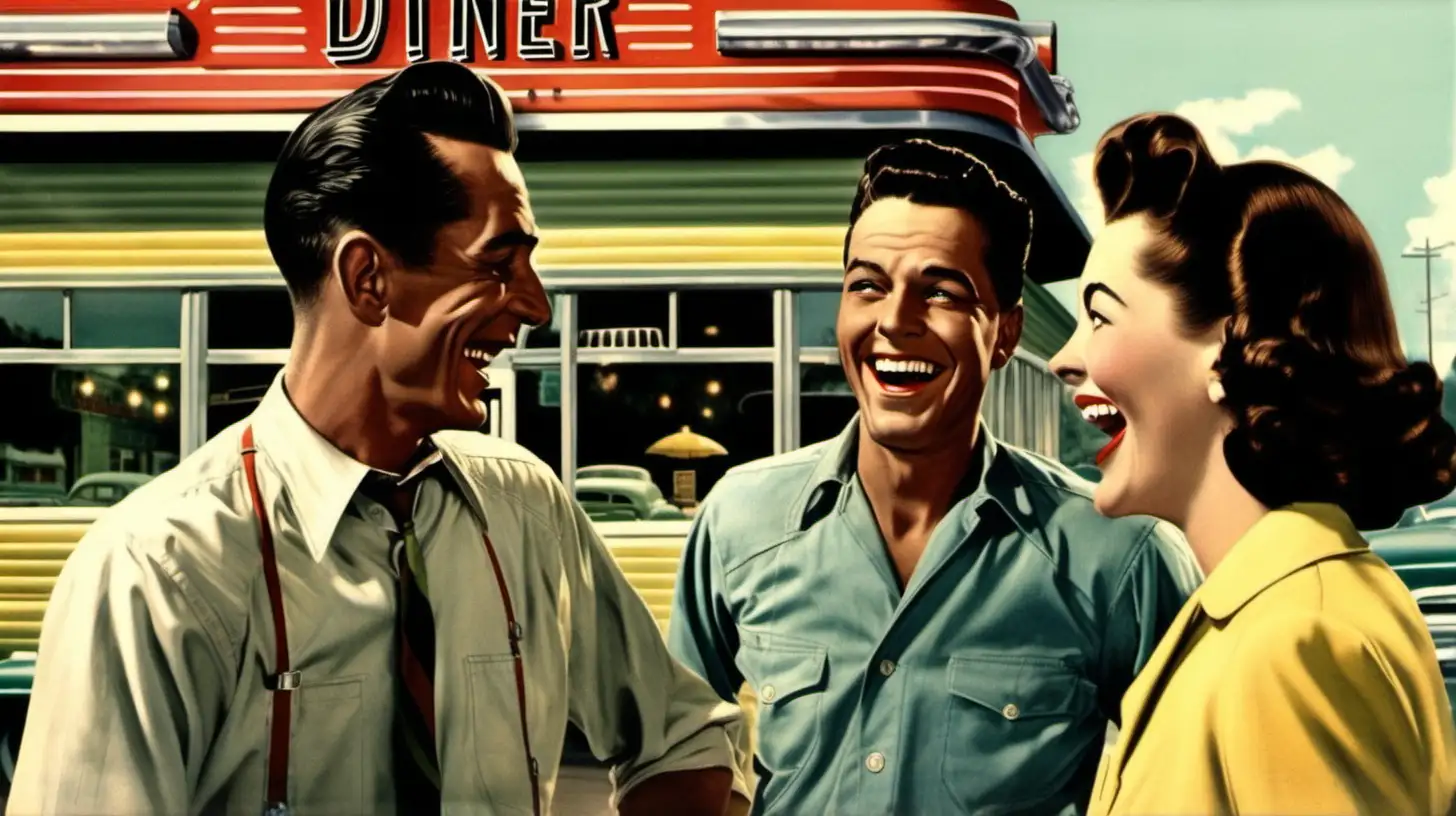 View from the waist up of two men and one woman laughing, circa 1950, standing in front of a diner. Full color, highly detailed.