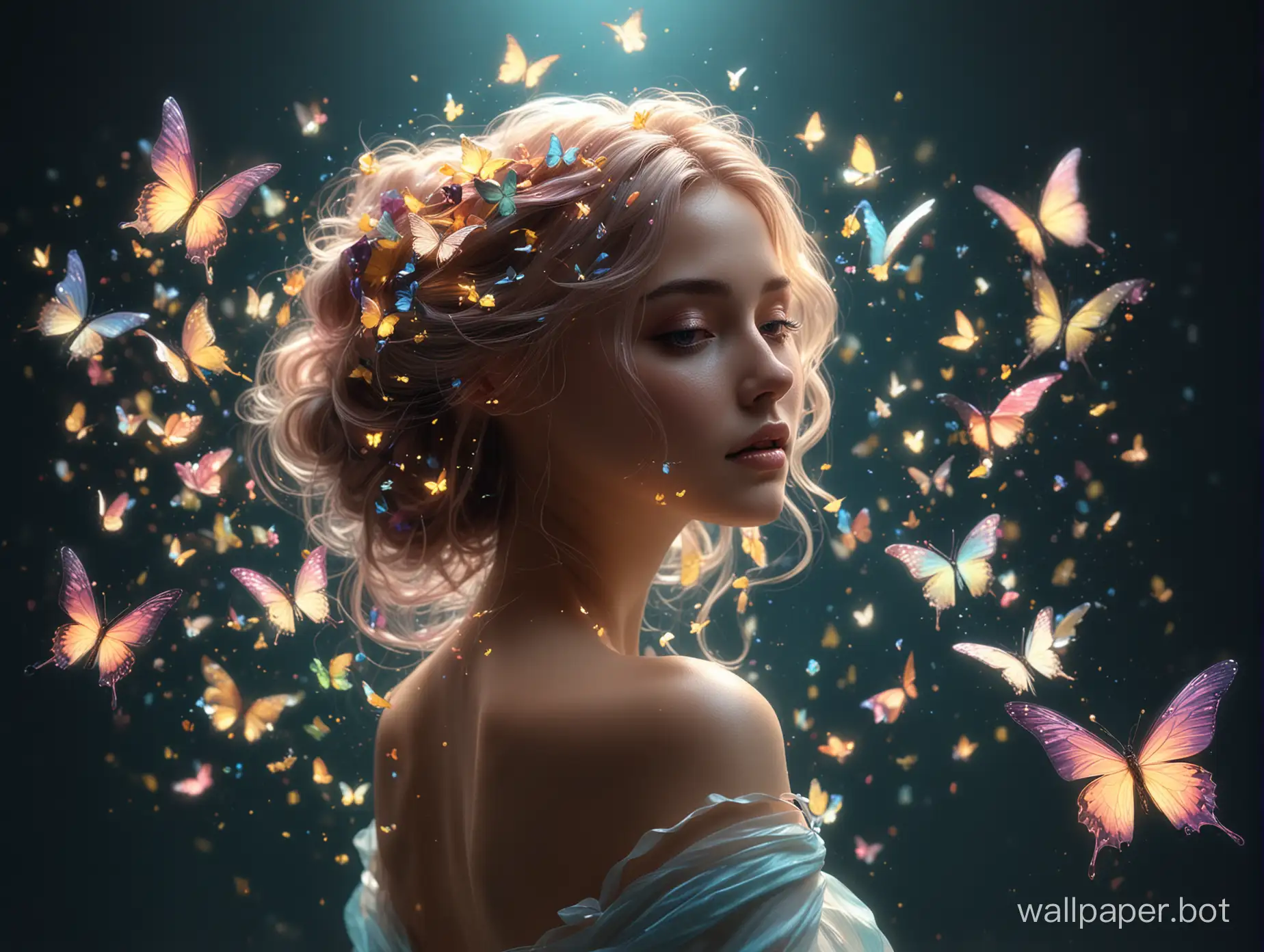 A mesmerizing 3D render of an ethereal woman with vibrant, luminescent butterflies adorning her radiant form. Her flowing hair, tied with a delicate bow, cascades down her back. The butterflies are a dazzling blend of yellow, pink, green, and blue, each illuminating different parts of the figure's contour. The dark backdrop enhances the scene's mystical atmosphere, with a subtle glow emanating from the butterflies. The overall composition exudes a dreamlike, otherworldly quality., 3d render