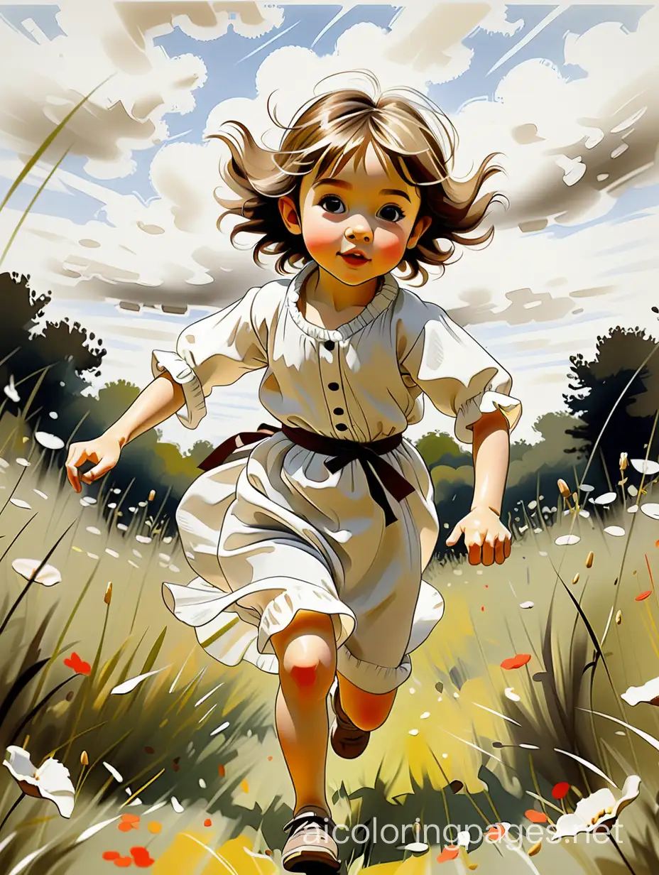 little child running in a meadow, Japanese ink sketch. Graceful, exquisite, soft light, style of Andrew Atroshenko and Edgar Degas., Coloring Page, black and white, line art, white background, Simplicity, Ample White Space. The background of the coloring page is plain white to make it easy for young children to color within the lines. The outlines of all the subjects are easy to distinguish, making it simple for kids to color without too much difficulty