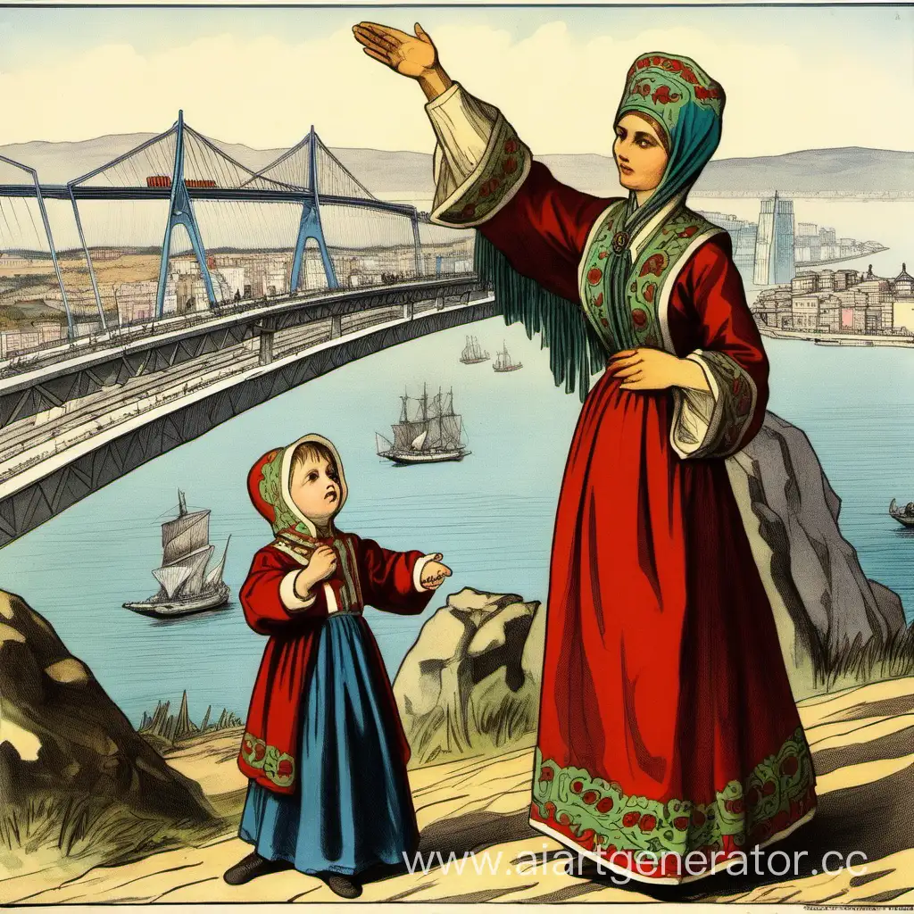 присоединение крыма к России, на заднем плане крымский мост, на переднем плане женщина в русском народном костюме держит ребенка на вытянутых руках