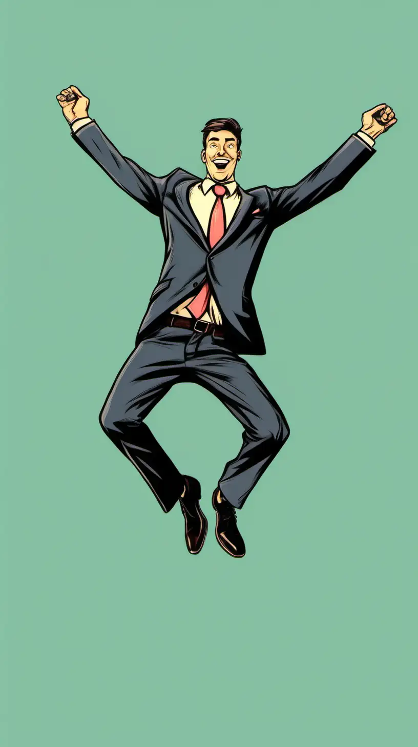 Cartoony Color:   A well dressed handsome man  jumps straight up. Simple background