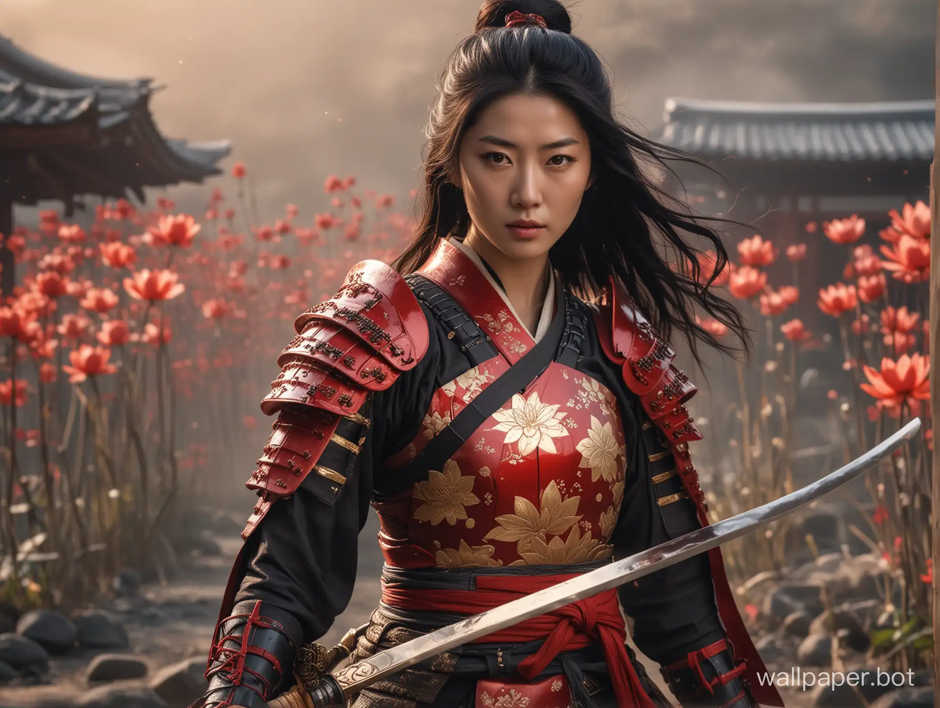 Epic-Female-Samurai-Battle-Scene-Jun-Jihyun-in-Red-Samurai-Armor-with-Katana