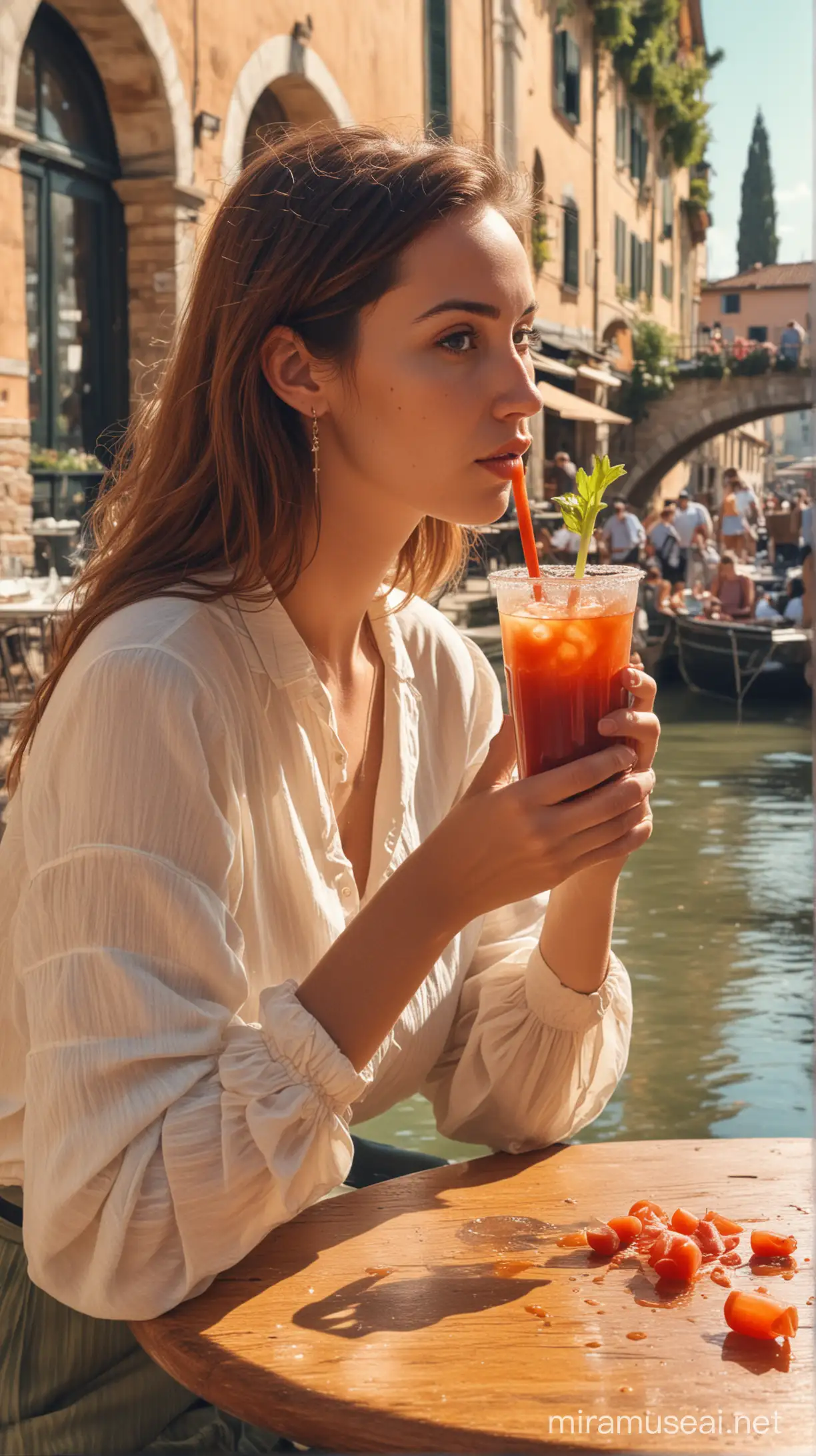 Woman Enjoying Sunny Day with Bloody Mary at Verona Riverside Caf