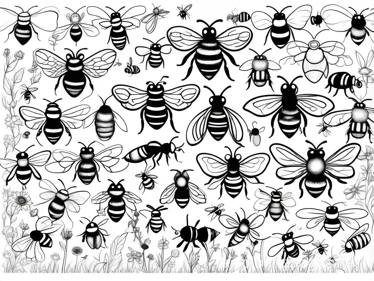 Bee Diversity A collage of bees showcasing their diversity in size, color, and markings., Coloring Page, black and white, line art, white background, Simplicity, Ample White Space. The background of the coloring page is plain white to make it easy for young children to color within the lines. The outlines of all the subjects are easy to distinguish, making it simple for kids to color without too much difficulty