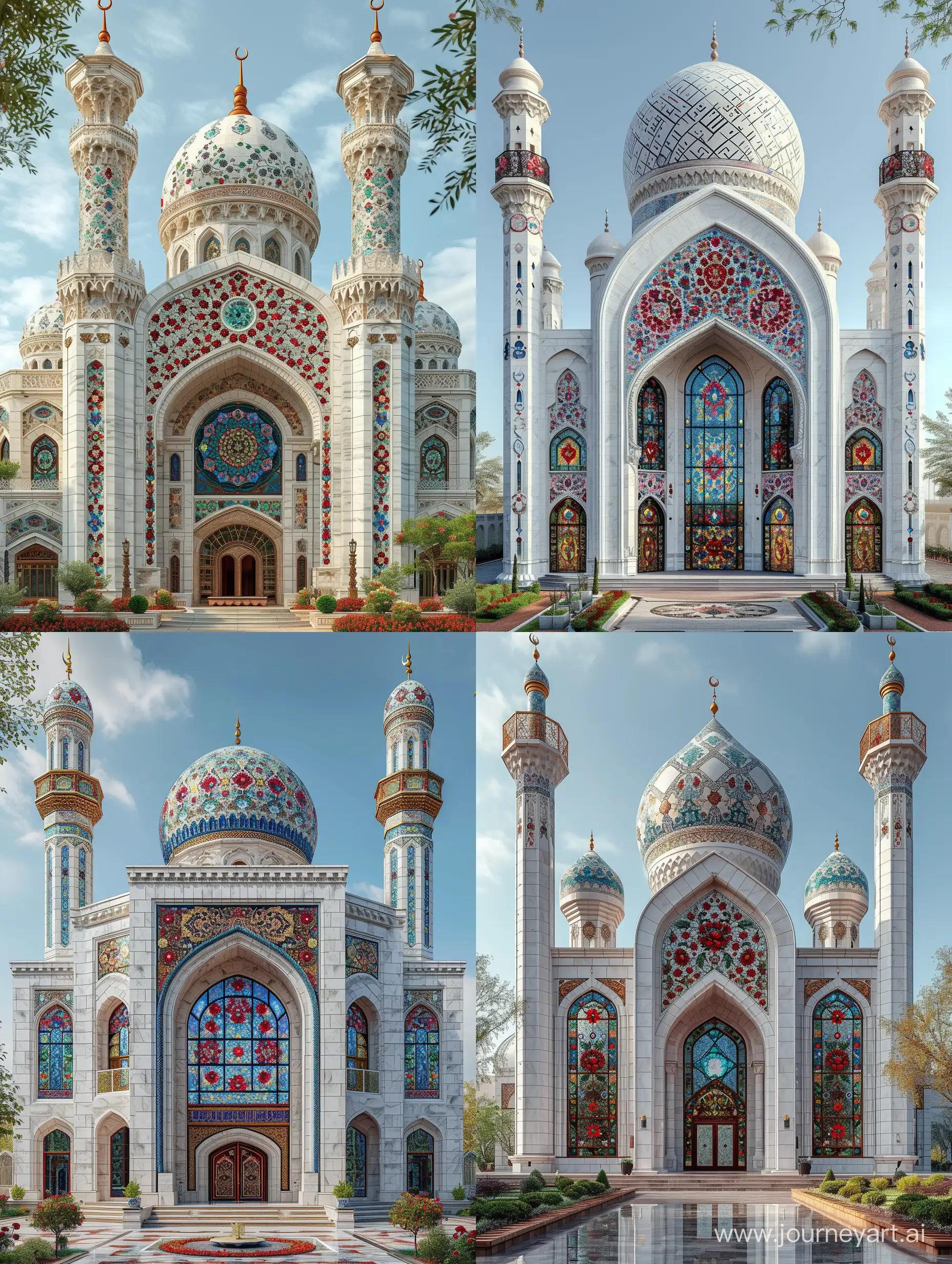 an Uzbekistan style mosque, White marbled exterior, tall iwan, stained glass windows, red blue persian floral motifs on spandrels, red blue gems and rubies embedded on arabesque ornaments, thin spires, full view, front view --s 999