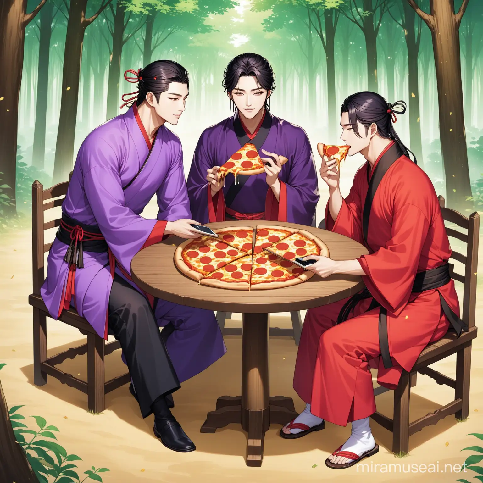 The background is the forest of the Joseon Dynasty

There is a round table and chairs in the forest

Two handsome men are sitting on chairs eating pizza

The handsome man on the right wears red clothes

The handsome man on the left wears purple clothes

The handsome man in red is touching his smartphone