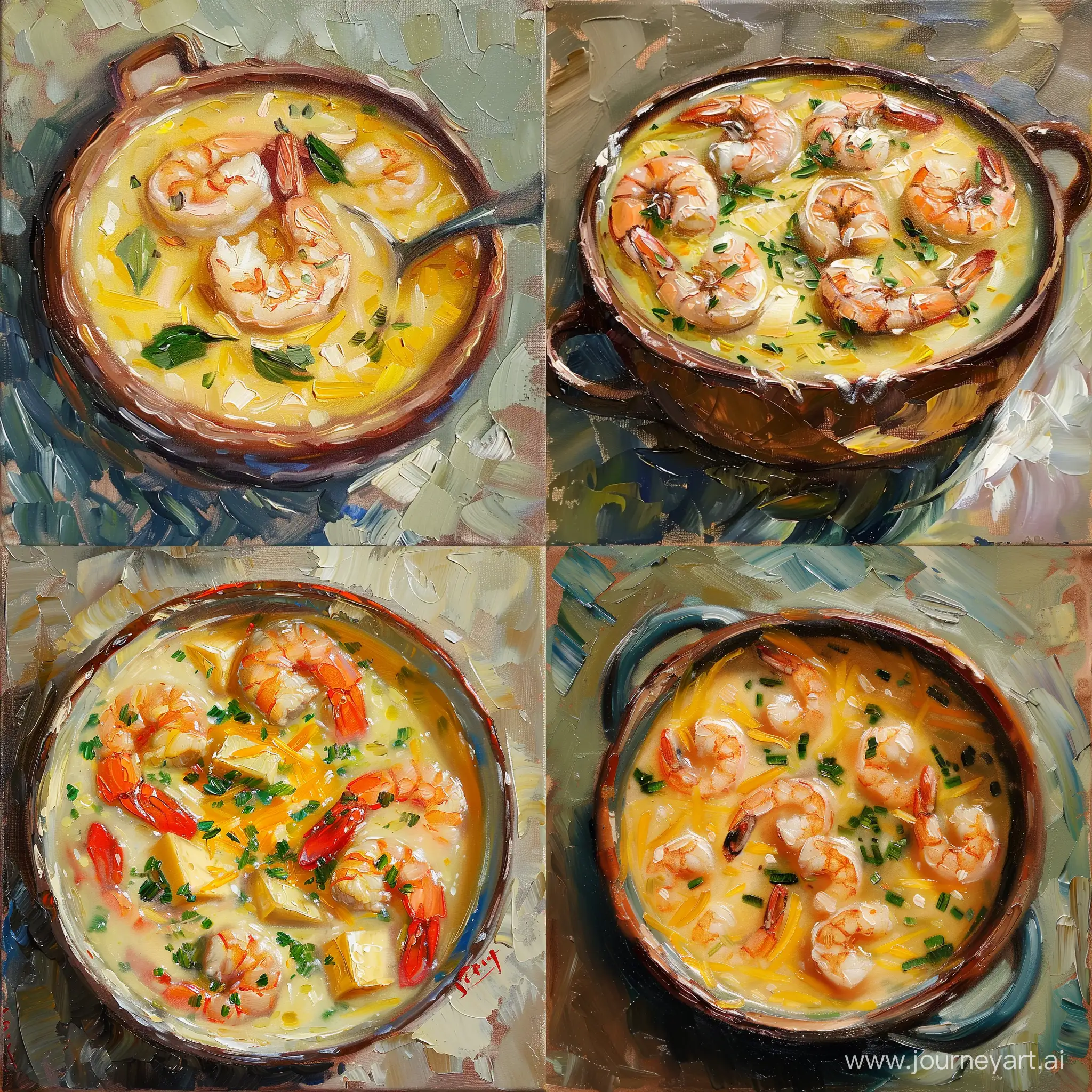 Savory-Cheese-Soup-with-Succulent-Shrimp-Artistic-Oil-Painting