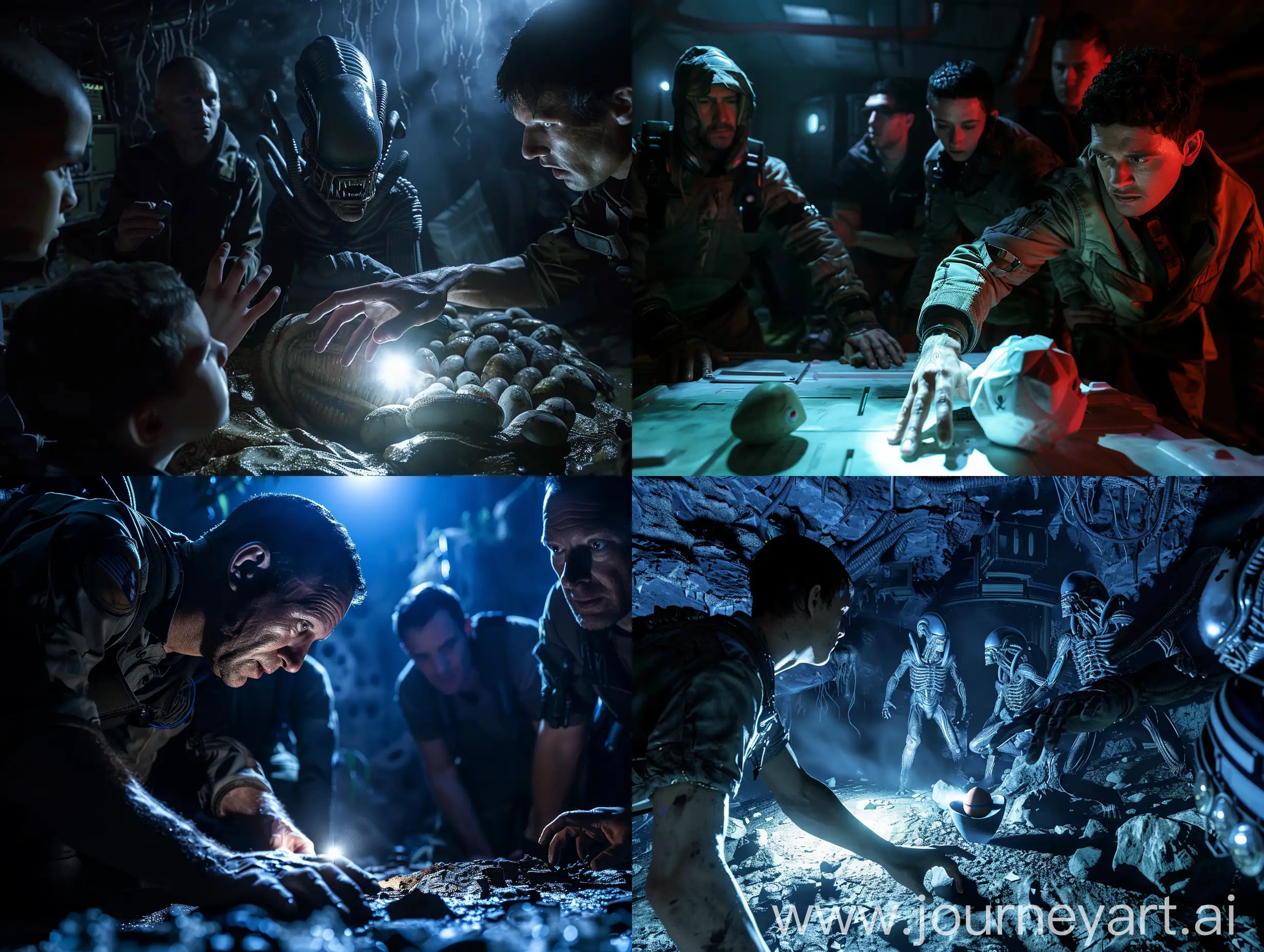 environment abandoned space station group of explorers in shot one man reaches out to an alien egg flashlight in the dark alien xenomorphs inspiration giger Ridley Scott dramatic setting ultra realistic high detail dramatic lighting Image