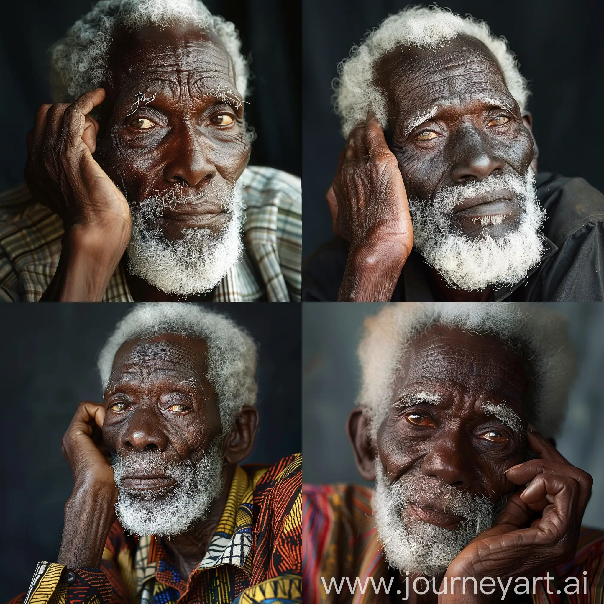 Old African man with white beard.he’s resting his left hand on his cheek