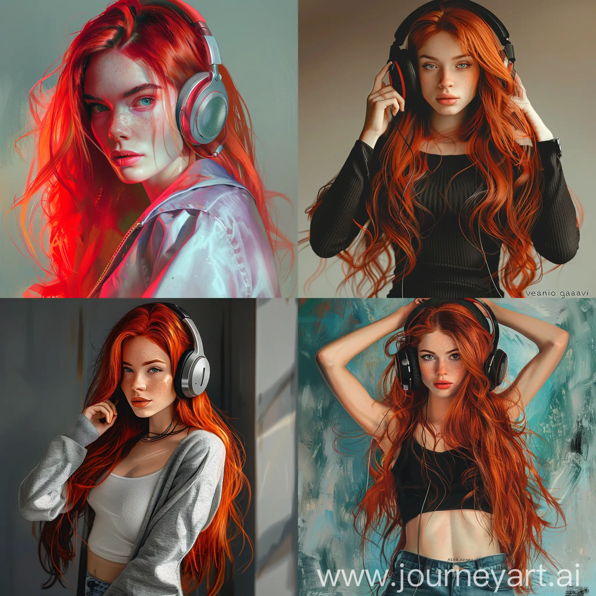 /imagine prompt: long redhead woman posing with cool headphones, Rotoscope animation, Concept Art, painted by Alena Aenami, High Key Saturated, by Valentino Garavani