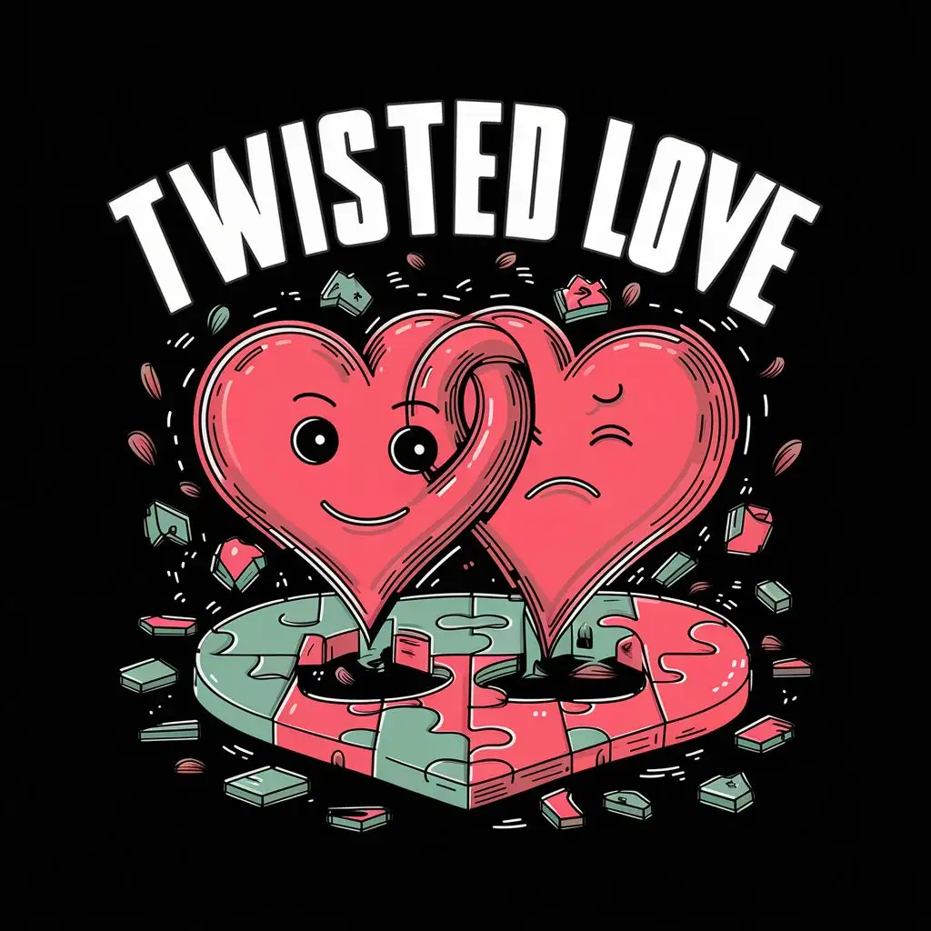 A stunning 2D flat design illustration perfect for a t-shirt  to Capture the Chaos of a Breakup with text ( twisted love )