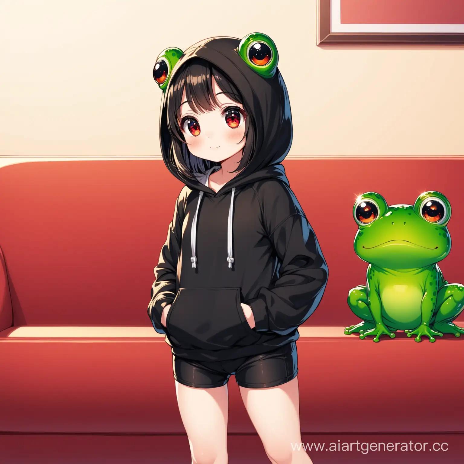 Adorable-Short-Girl-in-Frog-Hoodie-and-Black-Shorts-by-Couch