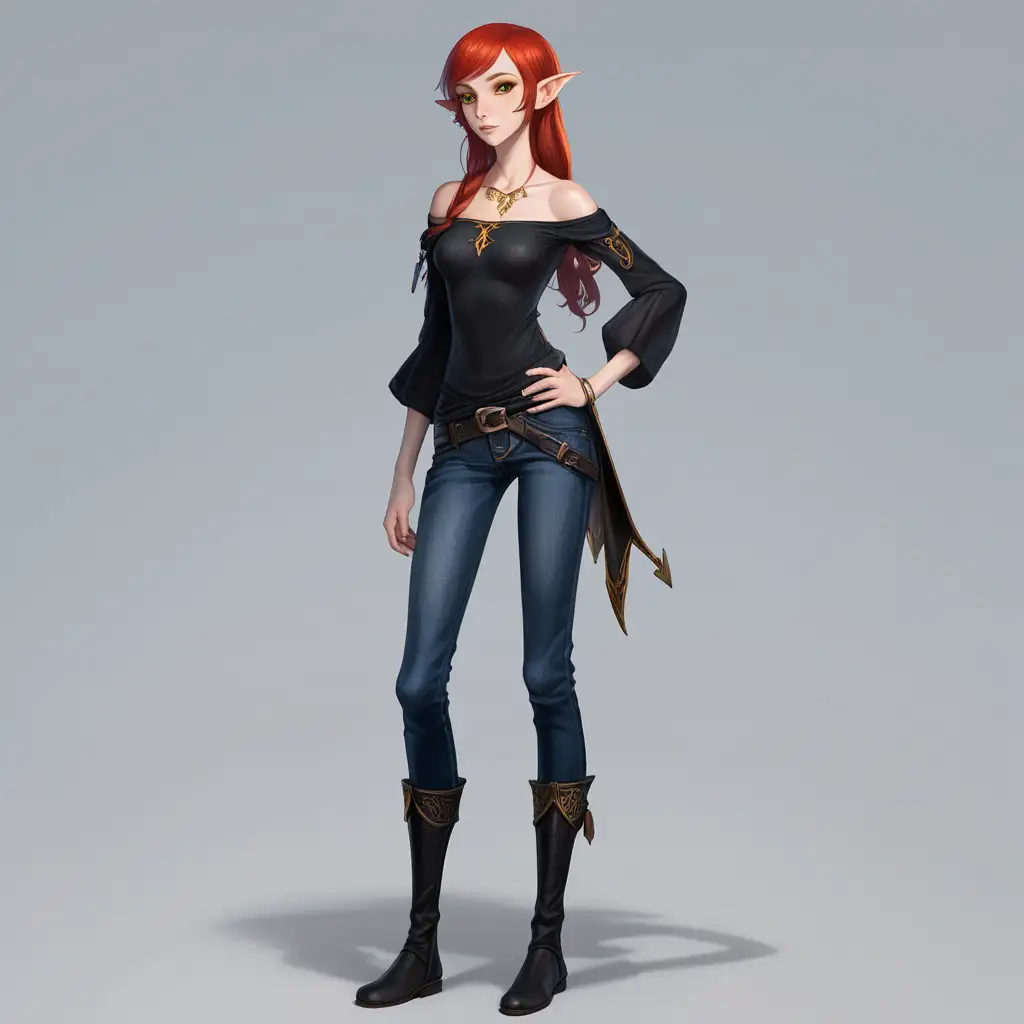 Half elf, Red Hair, Yellow eyes, short height, medium sized chest, long legs, Blue Scale's across her skin, down her right cheek and right arm, full body, wearing Black jeans, black off shoulder shirt.