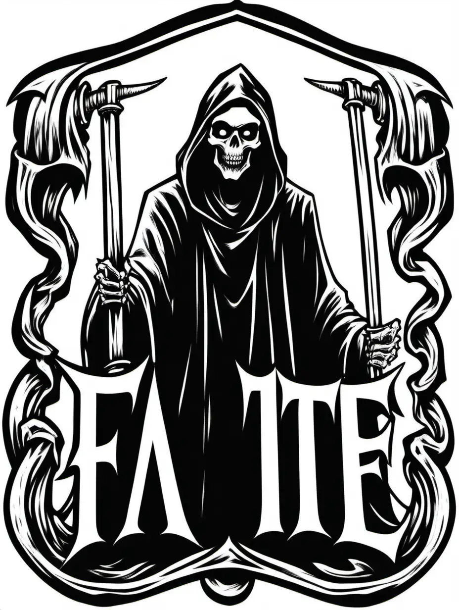 a one color hand drawing of a happy grim reaper with his arms down holding a logo that says FATE

