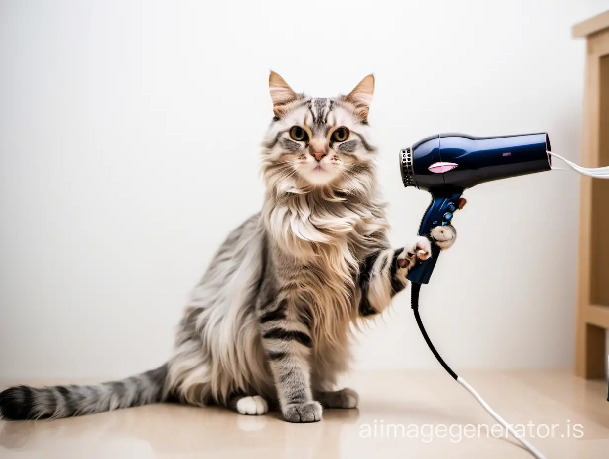 Cat with a hairdryer