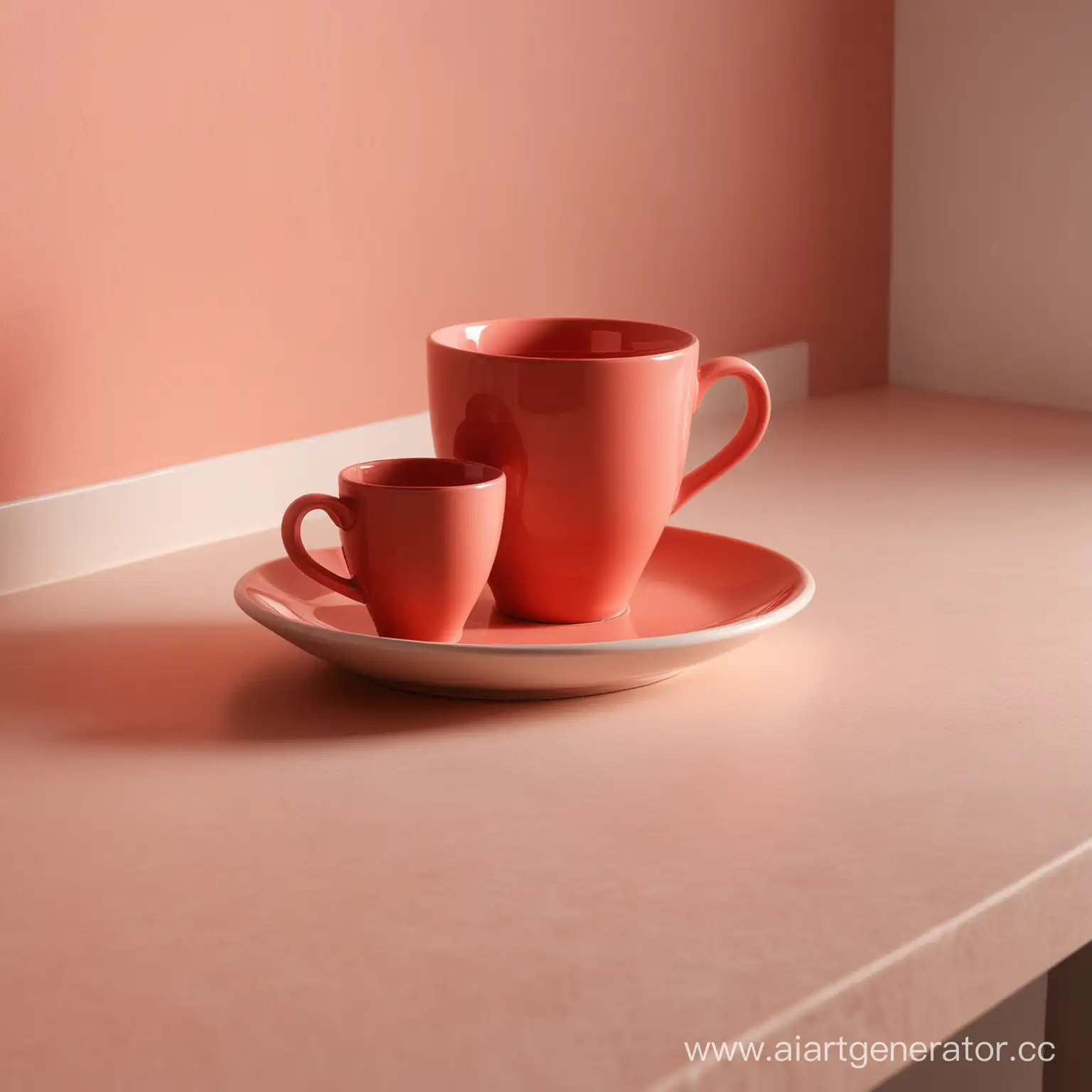 Фото натюрморт на кухне в светло-красных тонах с кружкой без тени