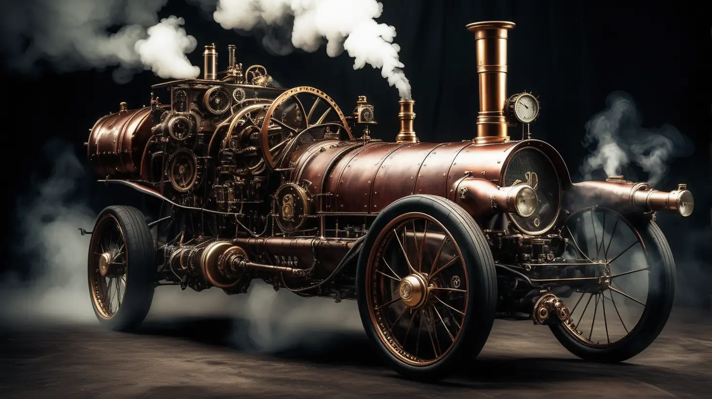 Steampunk Ferrari in Enigmatic Cityscape with Billowing Steam Engine Smoke