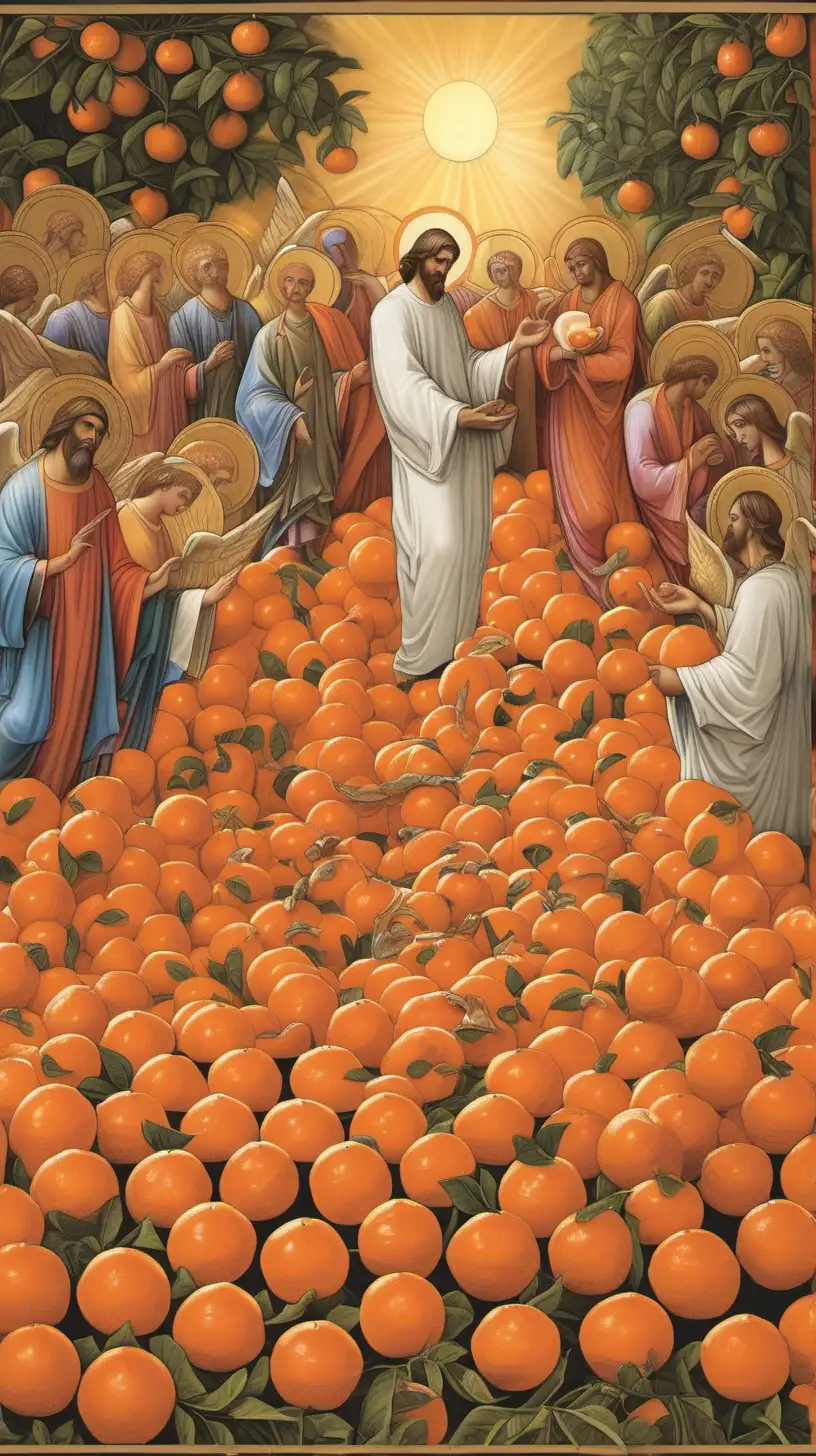Divine Distribution of Tangerines Heavenly Scene with God and Angels
