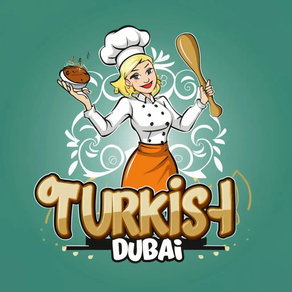 logo, A funny blonde girl chief with rolling pin and hat, with the text "Turkish Yufka Dubai", typography, be used in Restaurant industry