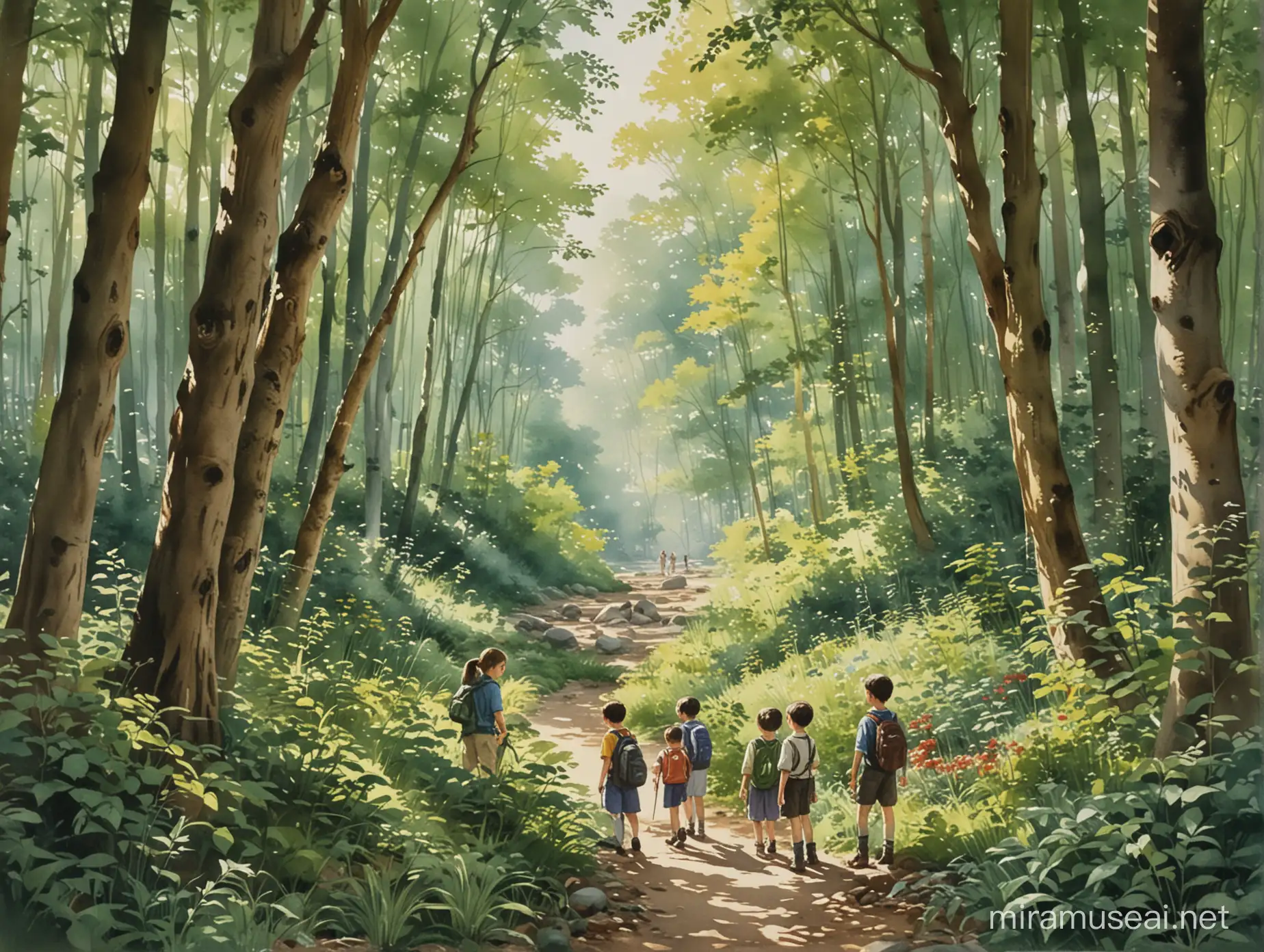 China and the United States ,children exploring nature, A child's unusually big eye viewing nature amidst a group of students wandering and enjoying nature’s company, Renaissance, Watercolor, Sunlit forests, Forest green, Closeup, Extremely detailed, --ar 4:3 --v １