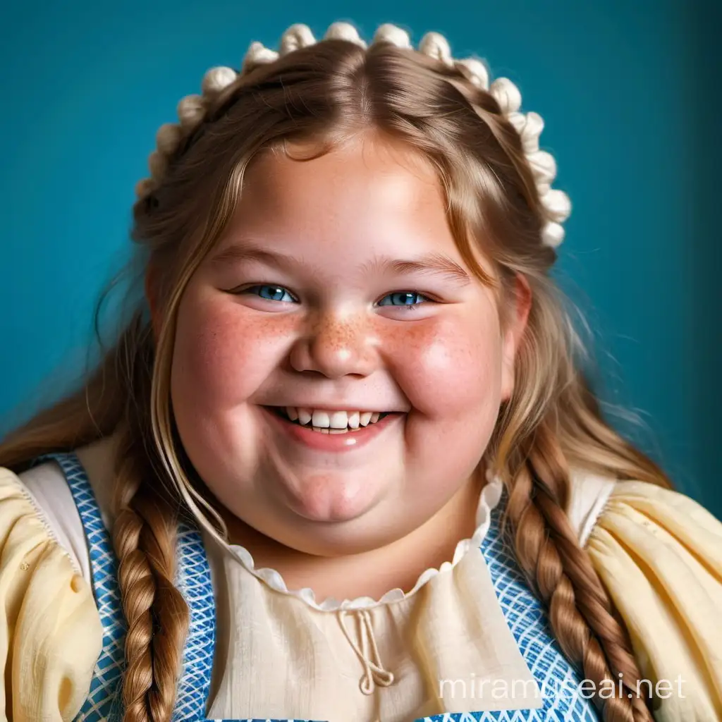 Very detailed photo of a very obese , smiling eight year old peasant girl, with very fat face with red cheeks and peachfuzz, blue eyes, very fat body, long wavy messy blonde hair, yellow teeth, wearing old-fashioned peasant dress