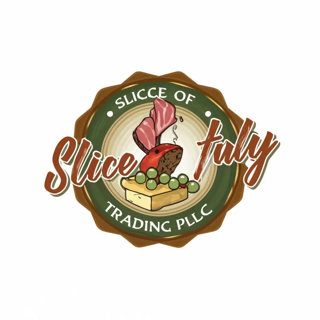a logo design,with the text "slice of italy trading plc", main symbol:pork,cheese,olive oil ,wine,Moderate,be used in Restaurant industry,clear background