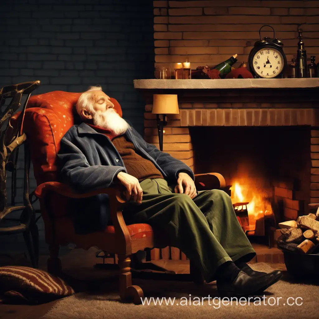 The old man is sleeping in a chair by the fireplace.