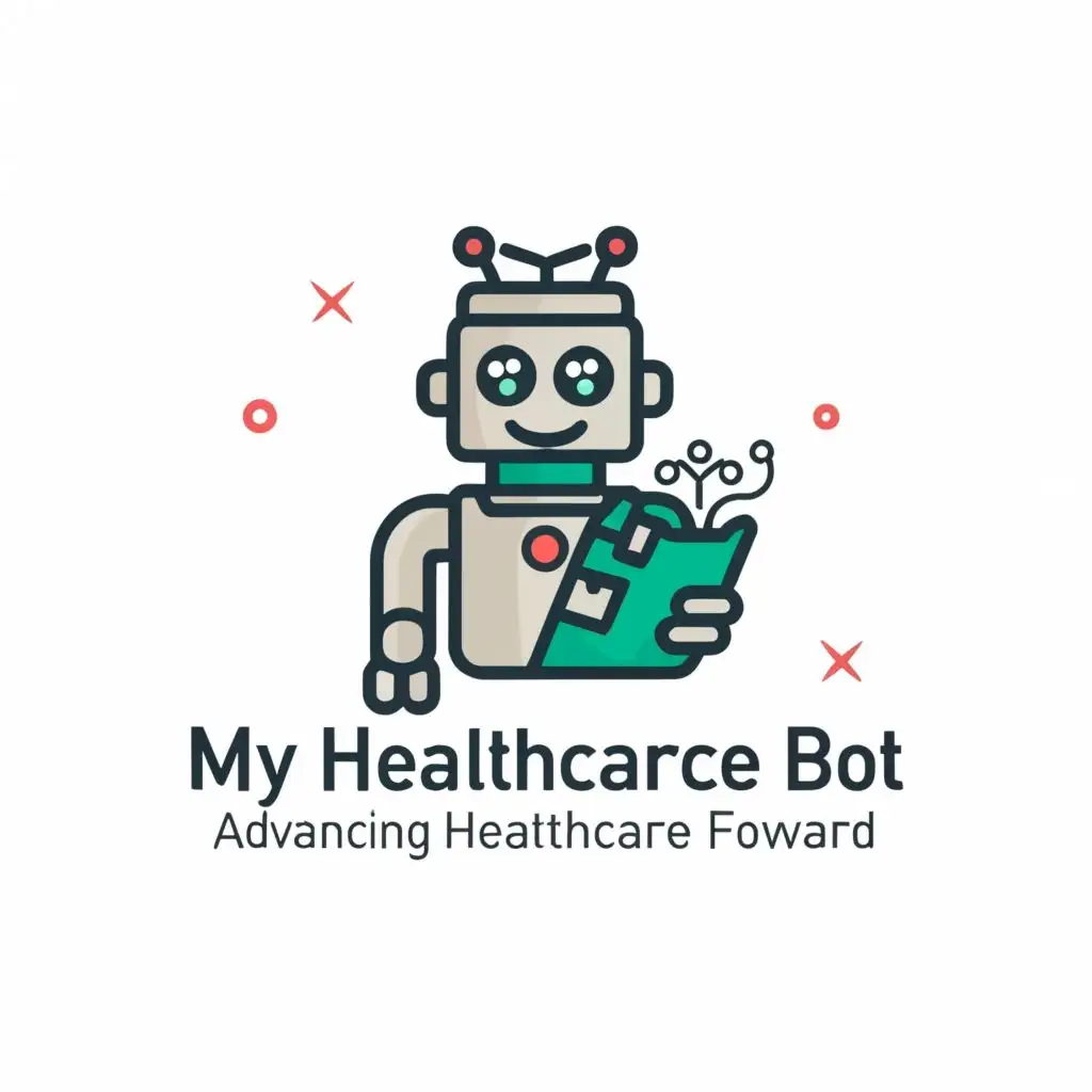 logo, Robot doctor holding clipboard smiling with wavy hair, with the text "My Healthcare Bot Advancing Healthcare Forward", typography, be used in Medical Dental industry