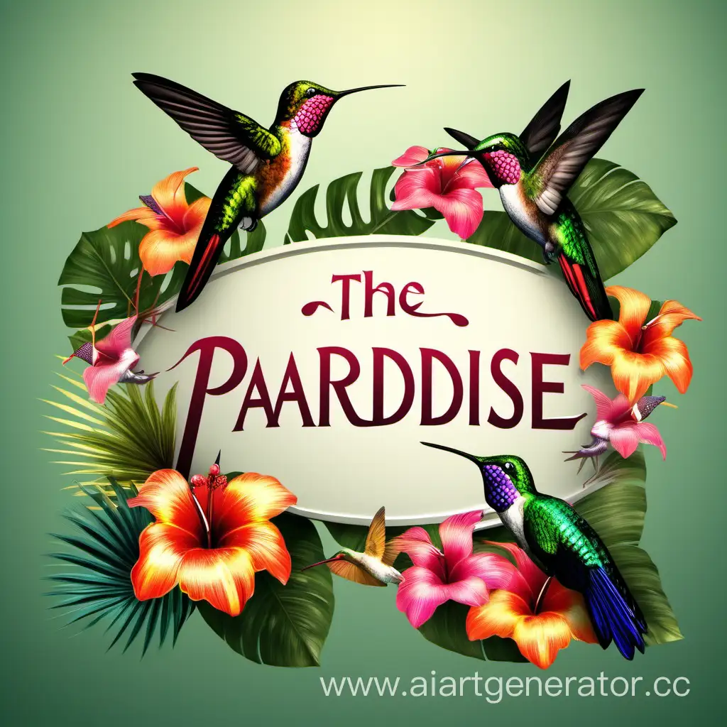 надпись Paradise с тропическими цветами и колибри