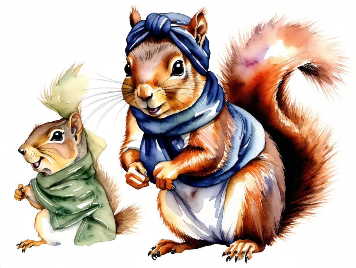 squirrel with headscarf in the pose of 'we can do it', highly detailed watercolor painting