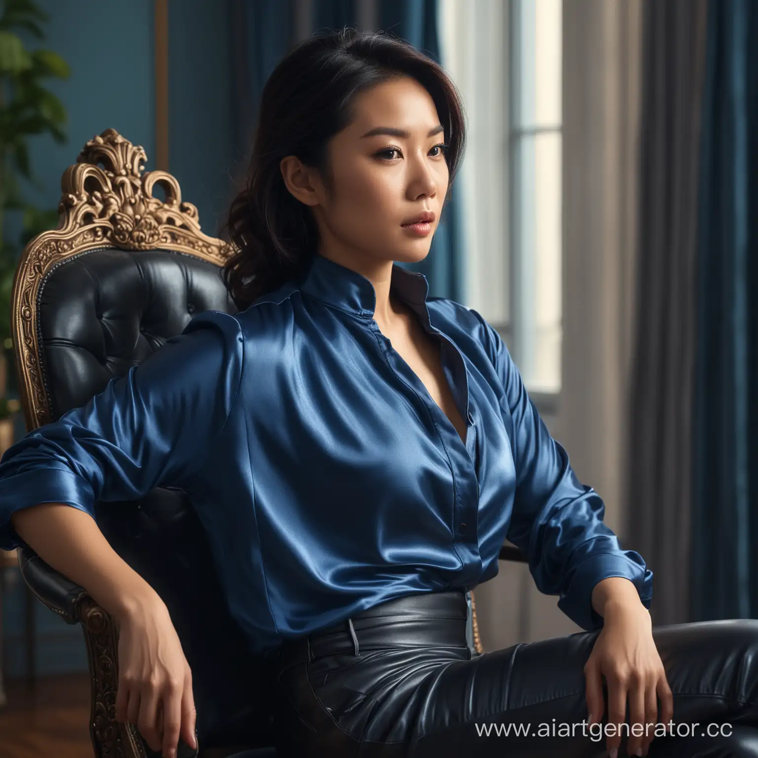 Elegant-Asian-Woman-in-Blue-Satin-Blouse-on-Ornate-Chair