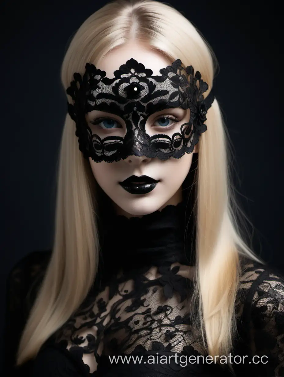 una chica de cabello lacio, rubia esbelta cuerpo completo, ojos claros y con máscara negra de encaje negro de estilo Veneciano