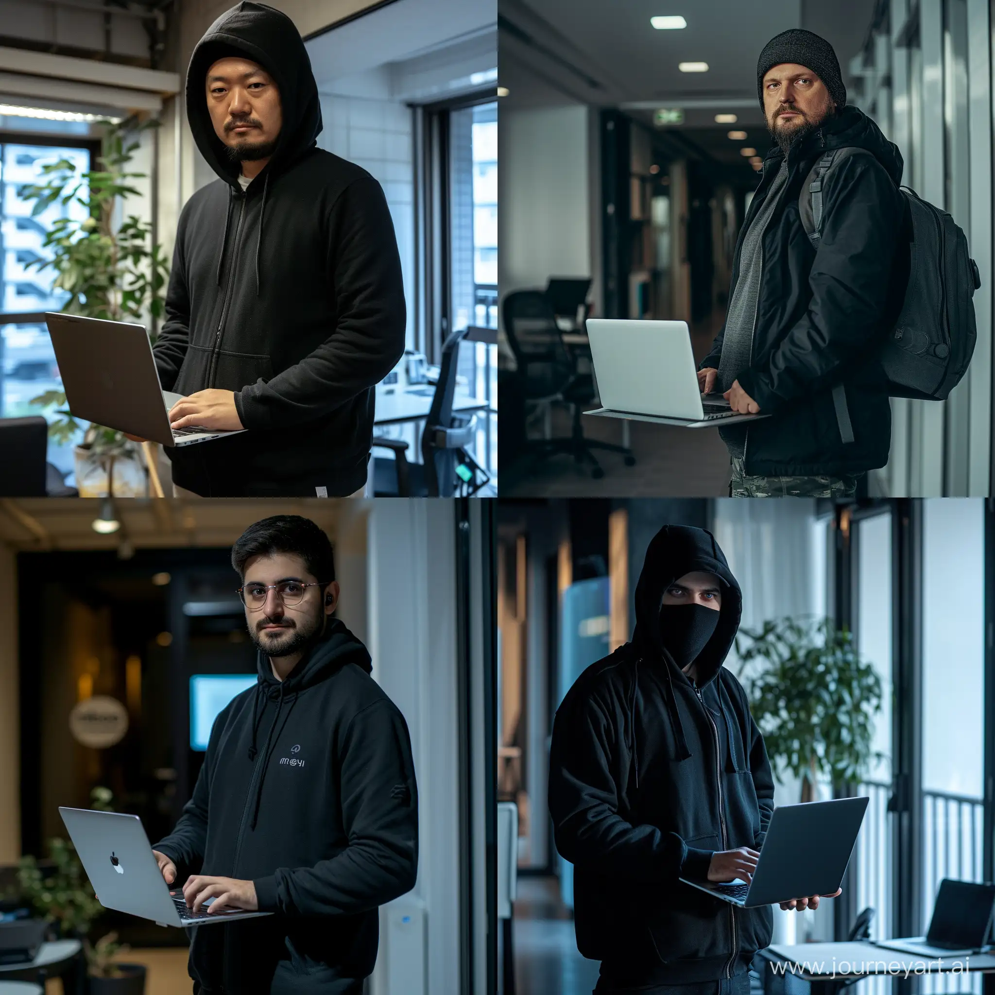 A hacker stands with a laptop next to the office of the company mihoyo