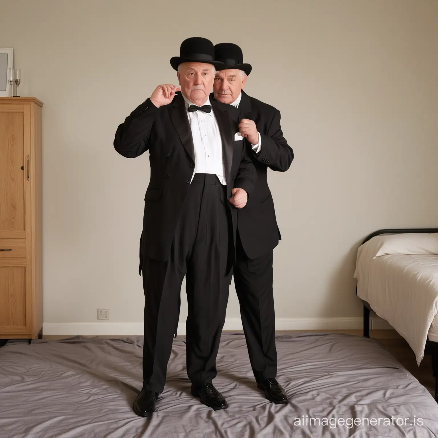 Two white fat elderly men, both 80 years old, shot height, wearing black hats, black tuxedos, black bowties, black socks, black loafers, black hair, fondling each other in the bedroom, full body shot, must show face