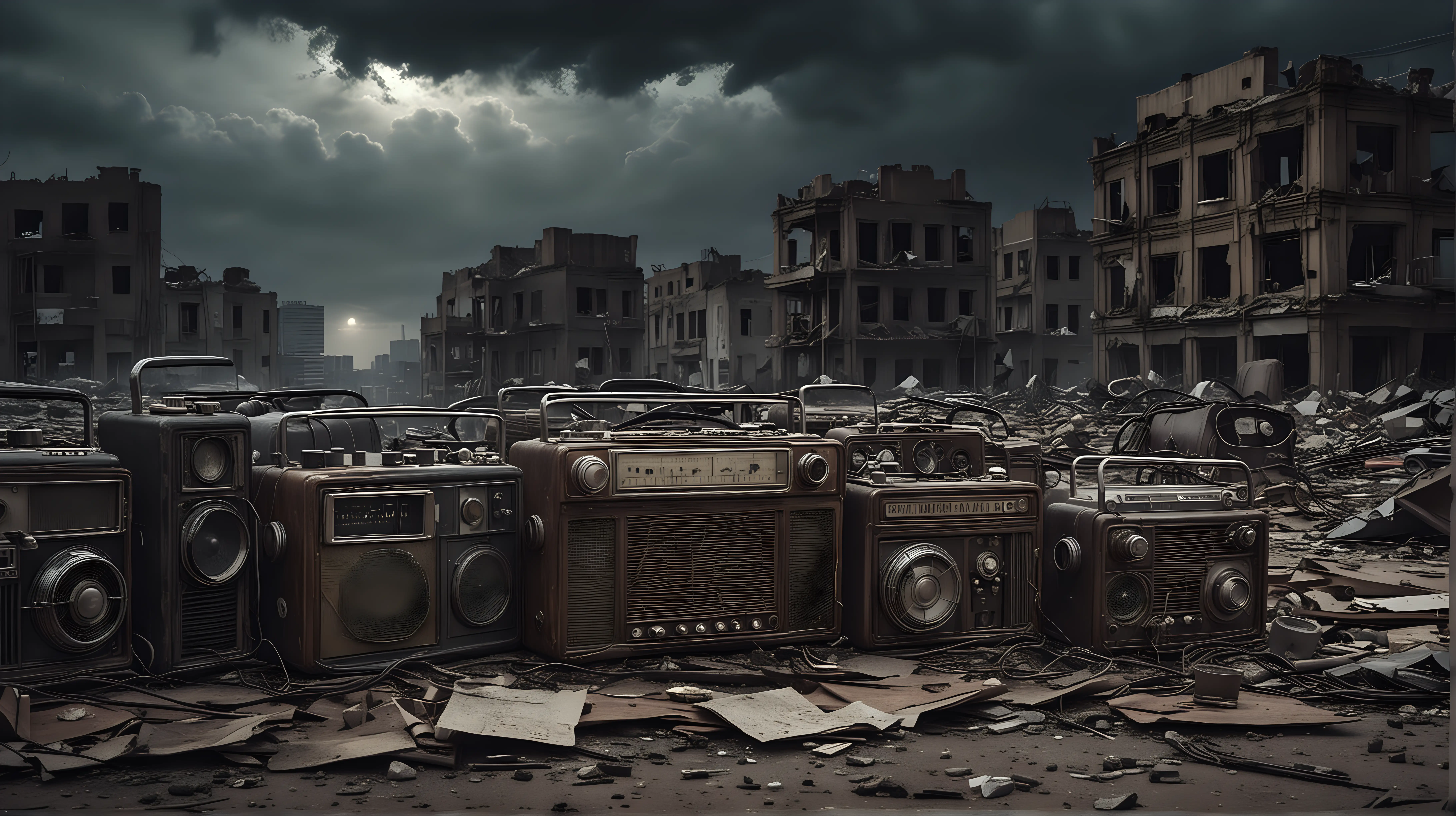 Create an image of a pile of vintage old time radios in the street of an abandoned city that has been destroyed by a nuclear war. It is night and the sky is filled with dark clouds, and the city ruins convey a sense of dread and horror. Cinematic lighting.