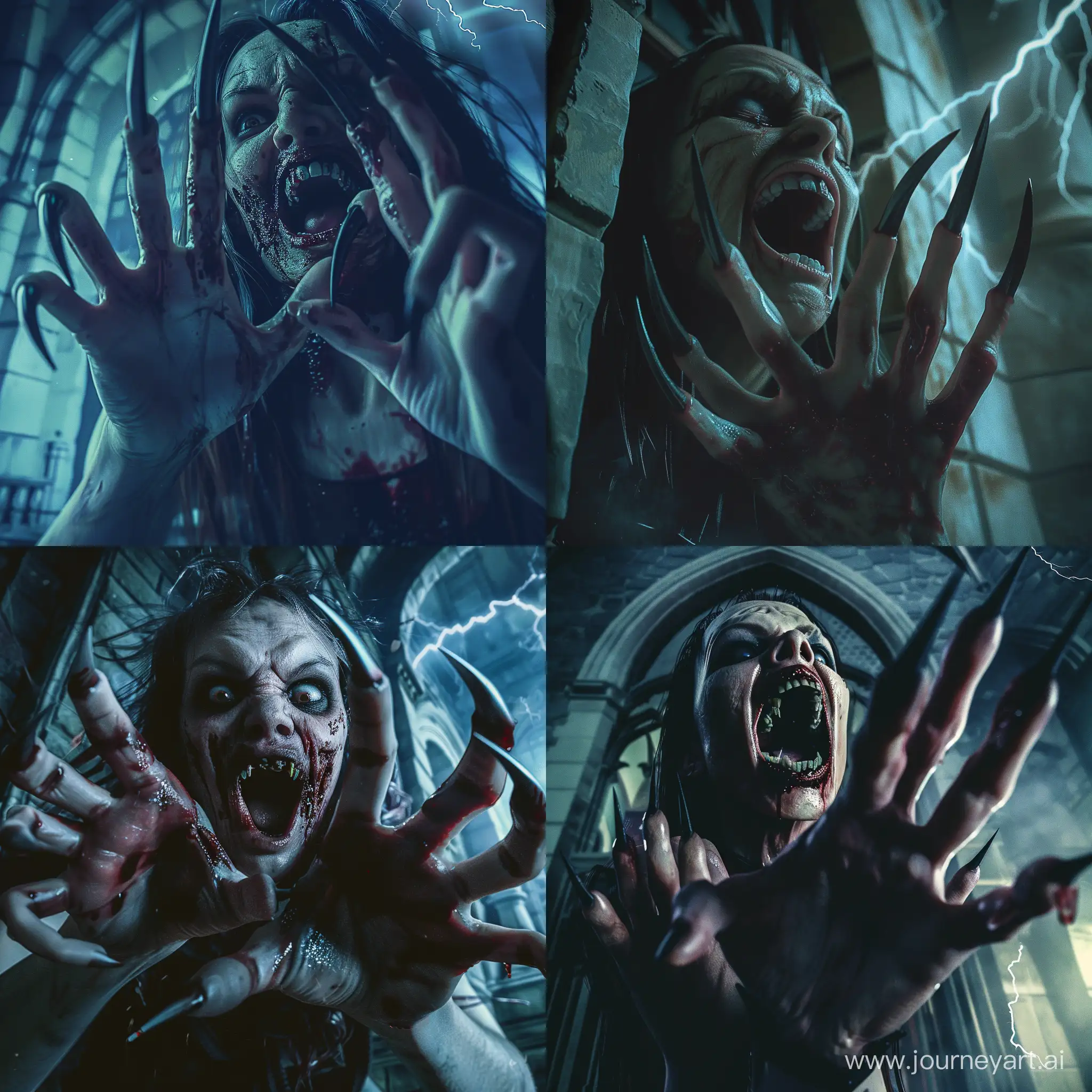 A terrible zombie woman, with long, curved, pointed nails sticking out from her five fingers, like menacing claws. She looks as if she has climbed out of a grave. Her mouth is open, revealing pointed teeth resembling fangs. The scene takes place at night in an abandoned building or castle. "She attacks her victim," hyperrealism, cinematics, high detail, photo detailings, high quality photorealism, terrifying, aggression, bloodlust, sharp fangs, dark atmosphere, realistic blood detail, detailed nails horror, atmospheric lightning, anatomical full-length.

