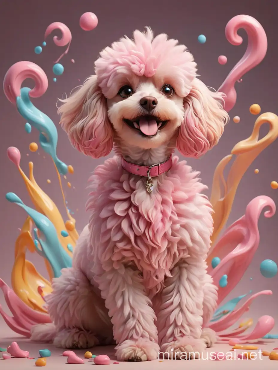 art movement focused on emotional impact through free-flowing shapes and colors, often without depicting real objects, with tiny happy pink Poodle dog sitting on the foreground