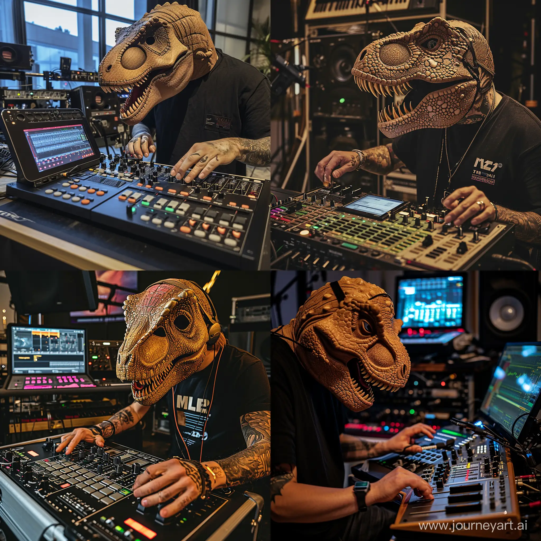 TRex-Masked-Man-Creating-Music-on-Distinctive-Drum-Controller-in-Studio