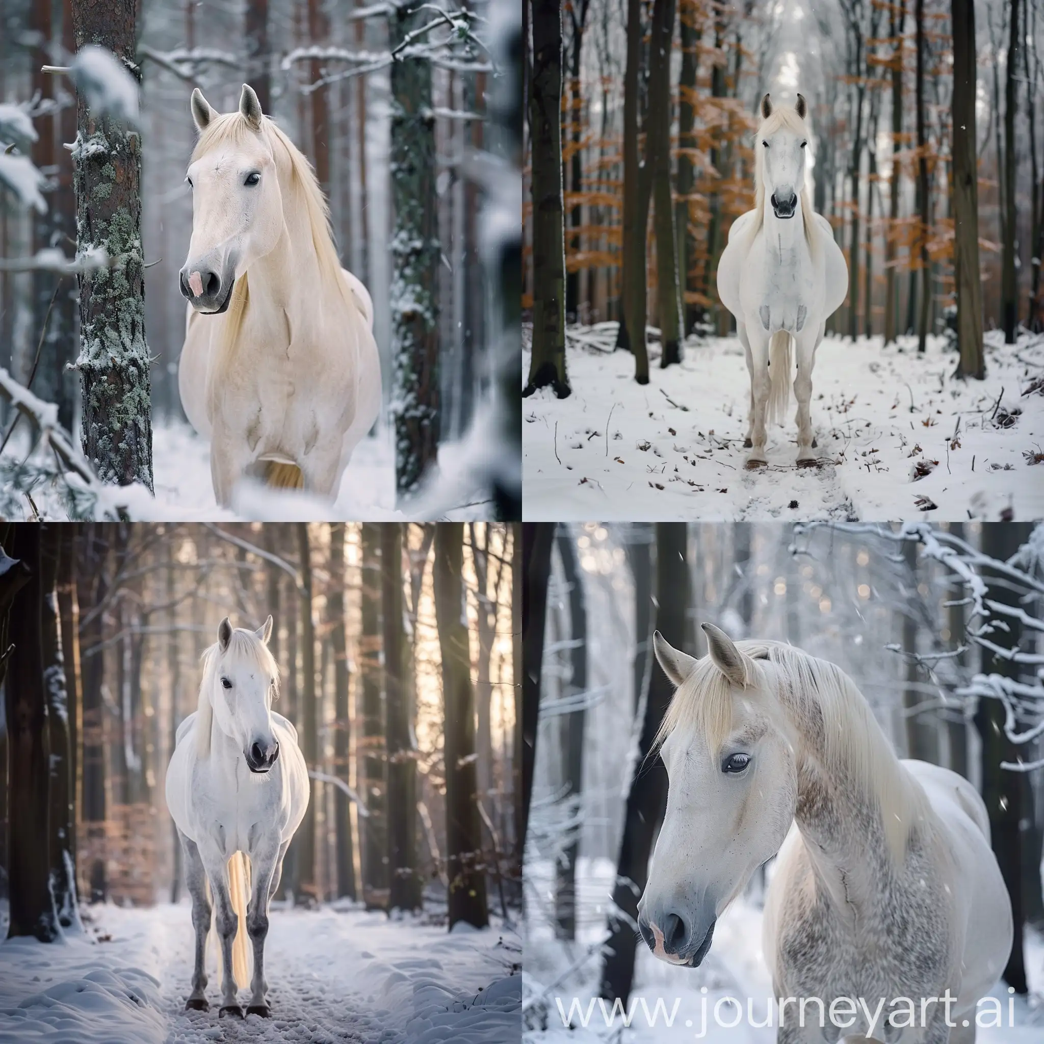 Белая лошадь в зимнем лесу 