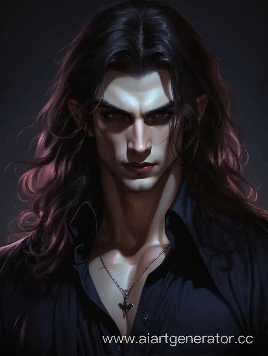 Роскошный молодой парень вампир на темном фоне с длинными волосами в темной рубашке 
