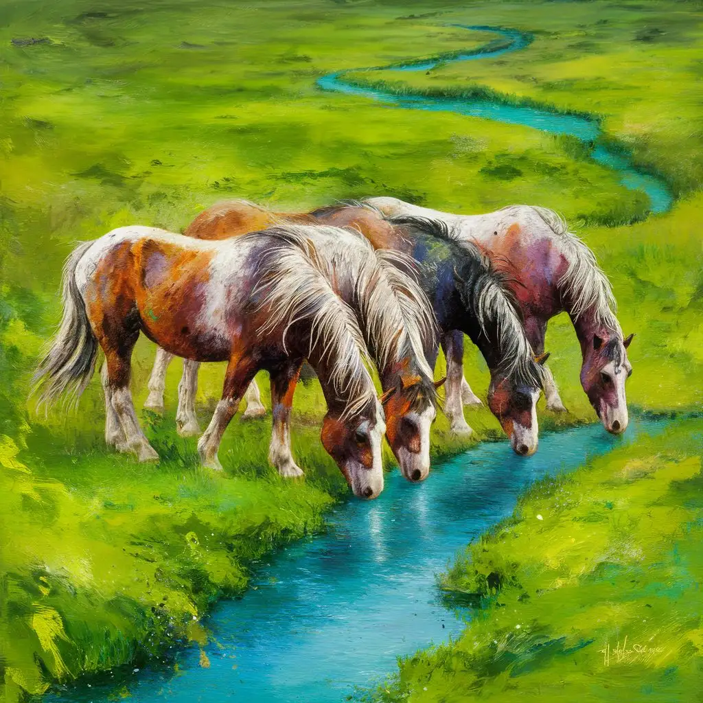 Beautiful wild horses, on a huge green field, drinking from a stream of blue water, artistic, Jackson Pollok painting style 