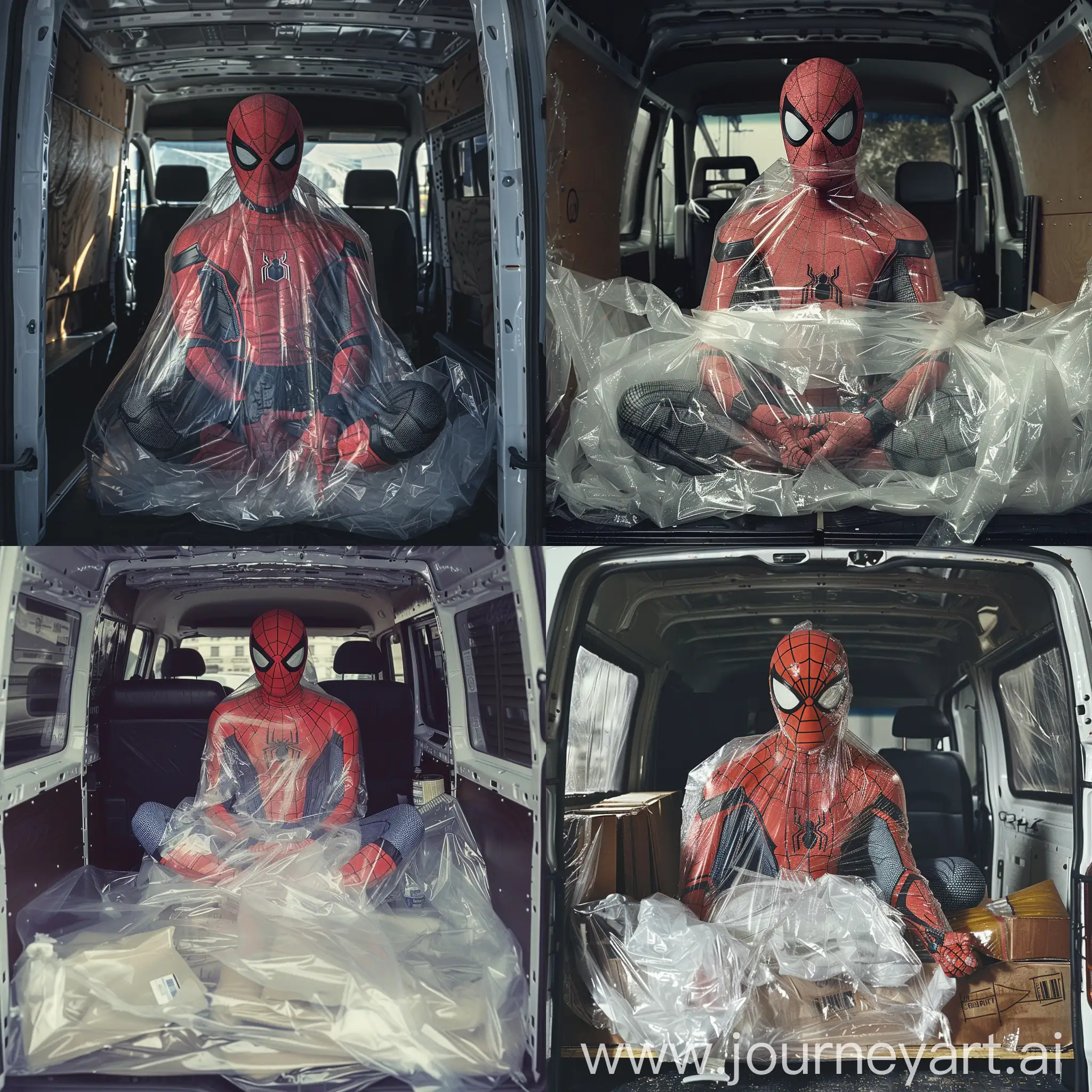 spiderman wrapped in plastic in the back of a van 