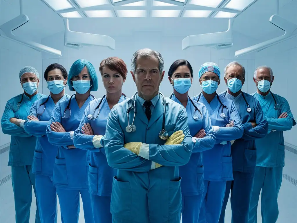 a group of eight anesthesiologist men and women in an operating room with stethoscopes in their necks, surgical dresses and masks. White background
