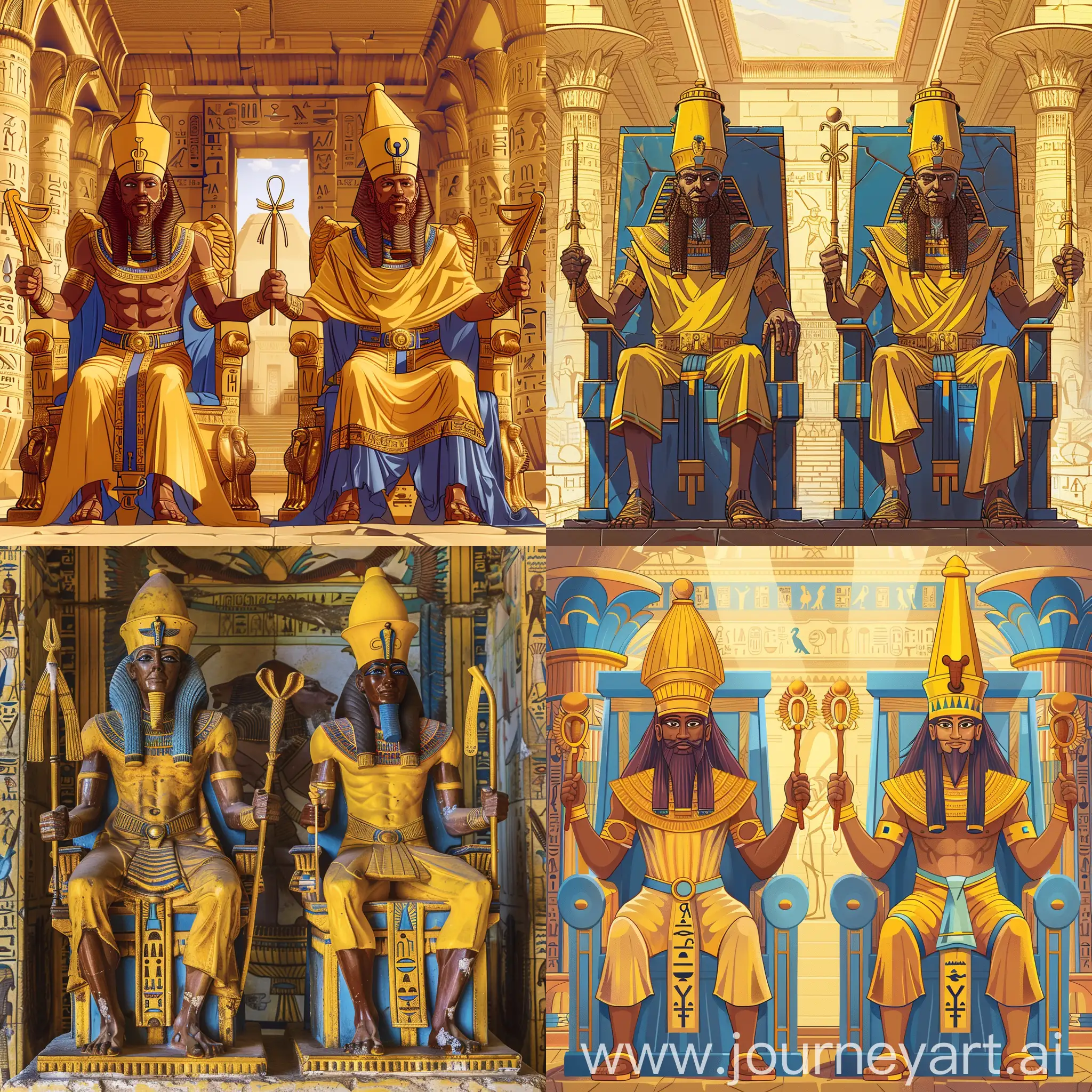 at left, a brown skin Egyptian god Atum, with Egyptian style beard and pharaoh hat, sits on his imperial throne,

at right, another brown skin Egyptian god Amun, with Egyptian beard and Egyptian long yellow royal hat,  sits on his imperial throne,

they both hold royal wands with ankh symbol in their hands, theirs clothes are in yellow blue color,

they are all inside a splendid Egyptian temple,
