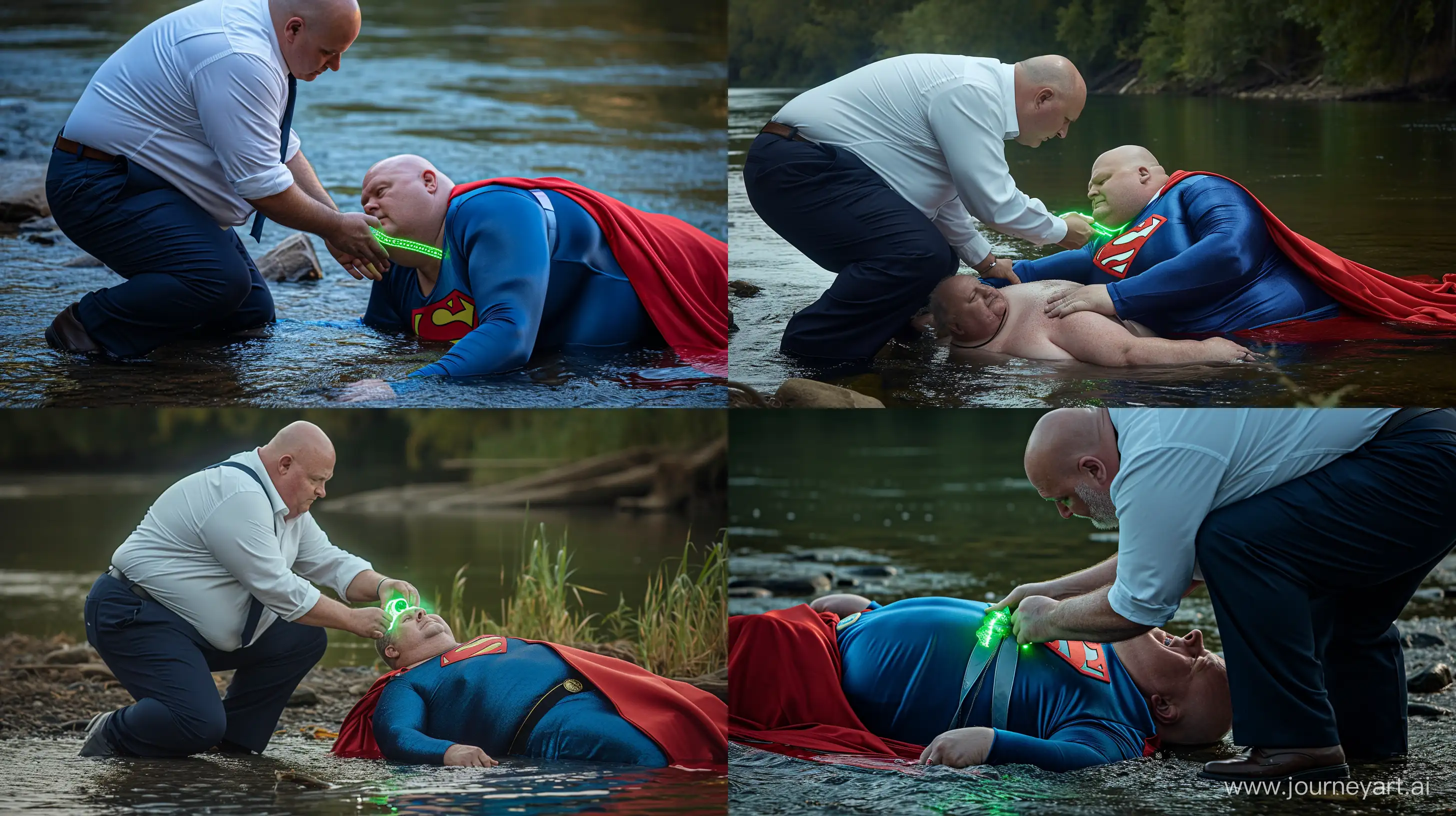 Elderly-Mens-Playful-River-Scene-with-Superman-Costume-and-Dog-Collar