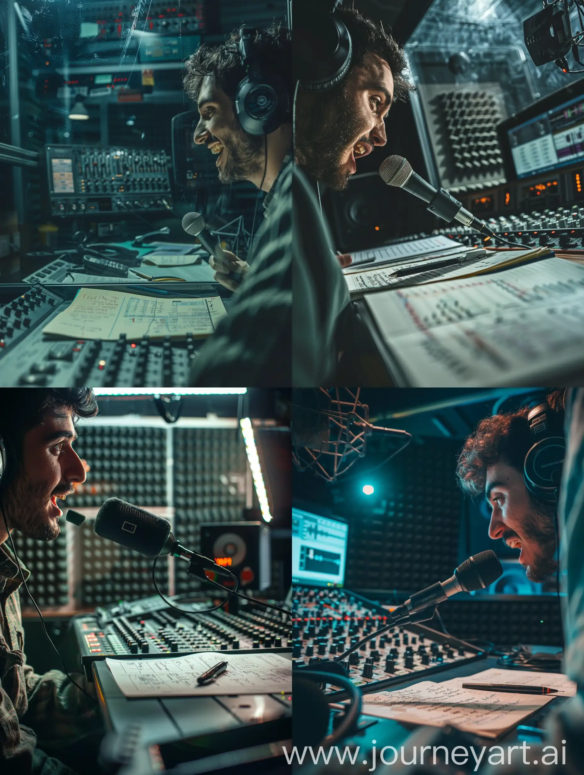 Italian-Radio-Speaker-Broadcasts-Live-Closeup-Shot-in-Dimly-Lit-Studio